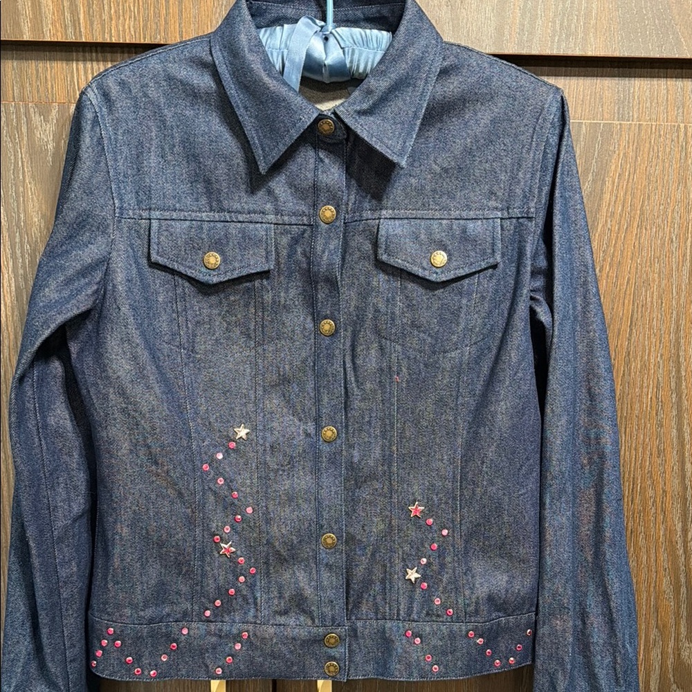 Denim Jacket 100% Cotton with Pink Embellishments, Like New, Size 10
